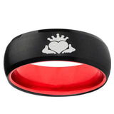 Claddagh Design Dome Black And Red Tungsten Carbide Anniversary Ring