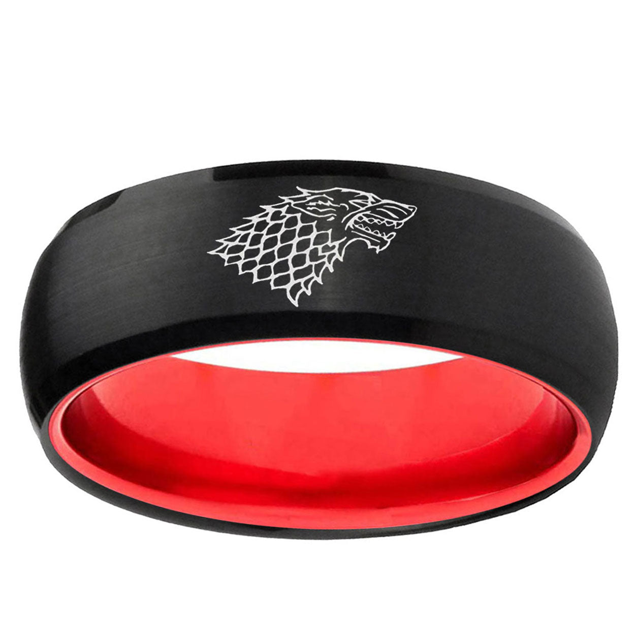 Game Of Thrones House Stark Direwolf Dome Black Red Tungsten Ring