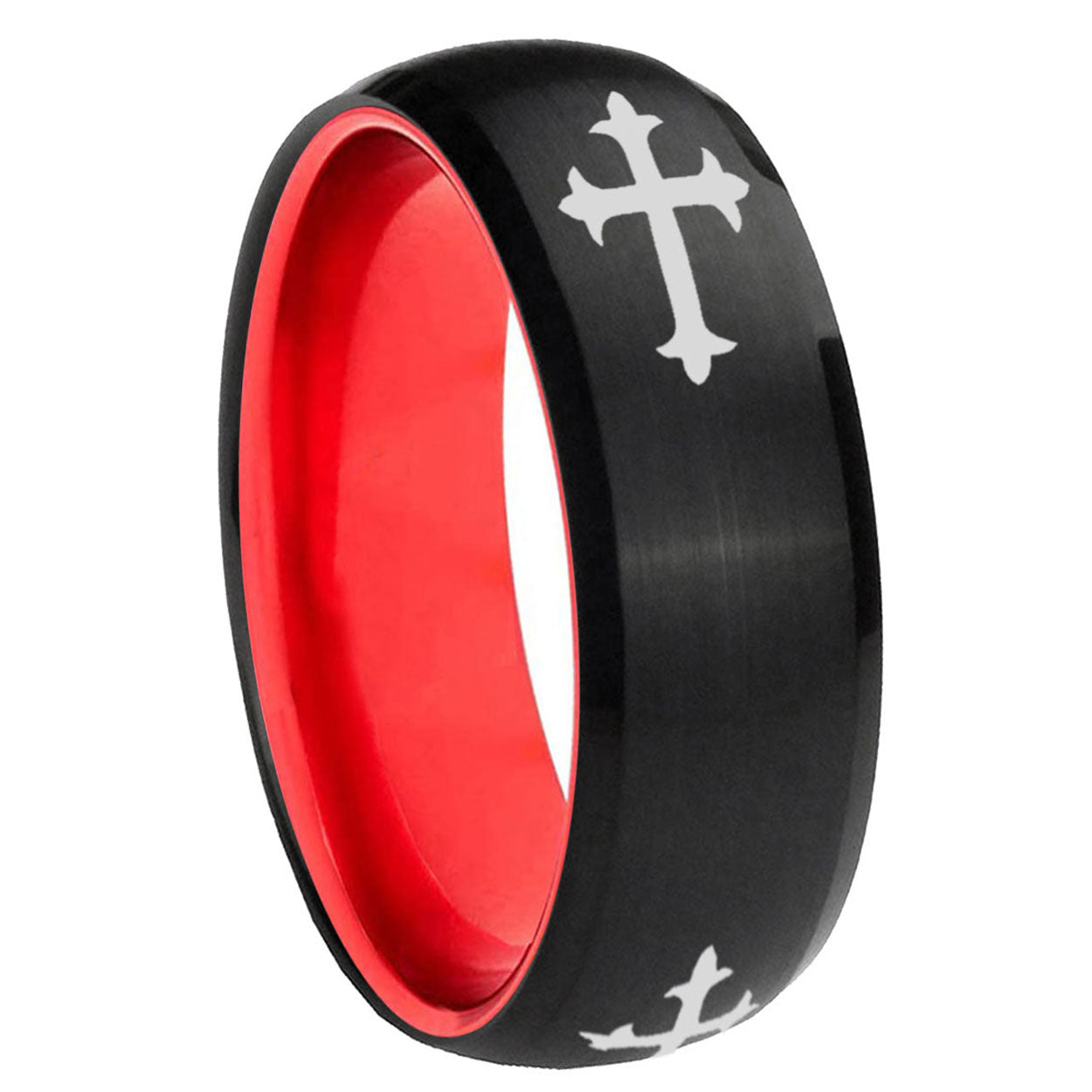 8mm Christian Cross Religious Dome Black Red Tungsten Ring