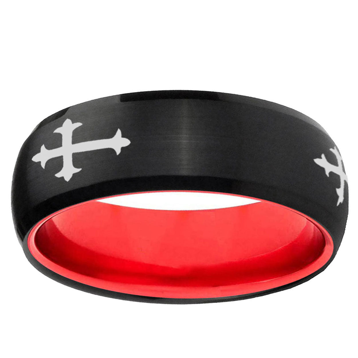 Christian Cross Religious Dome Black Red Tungsten Ring