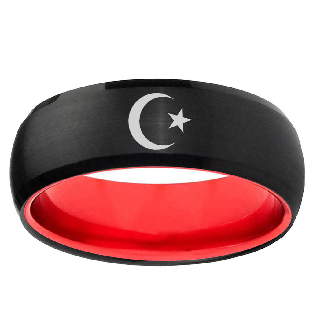Crescent Moon Stars Dome Black Red Tungsten Engagement Ring