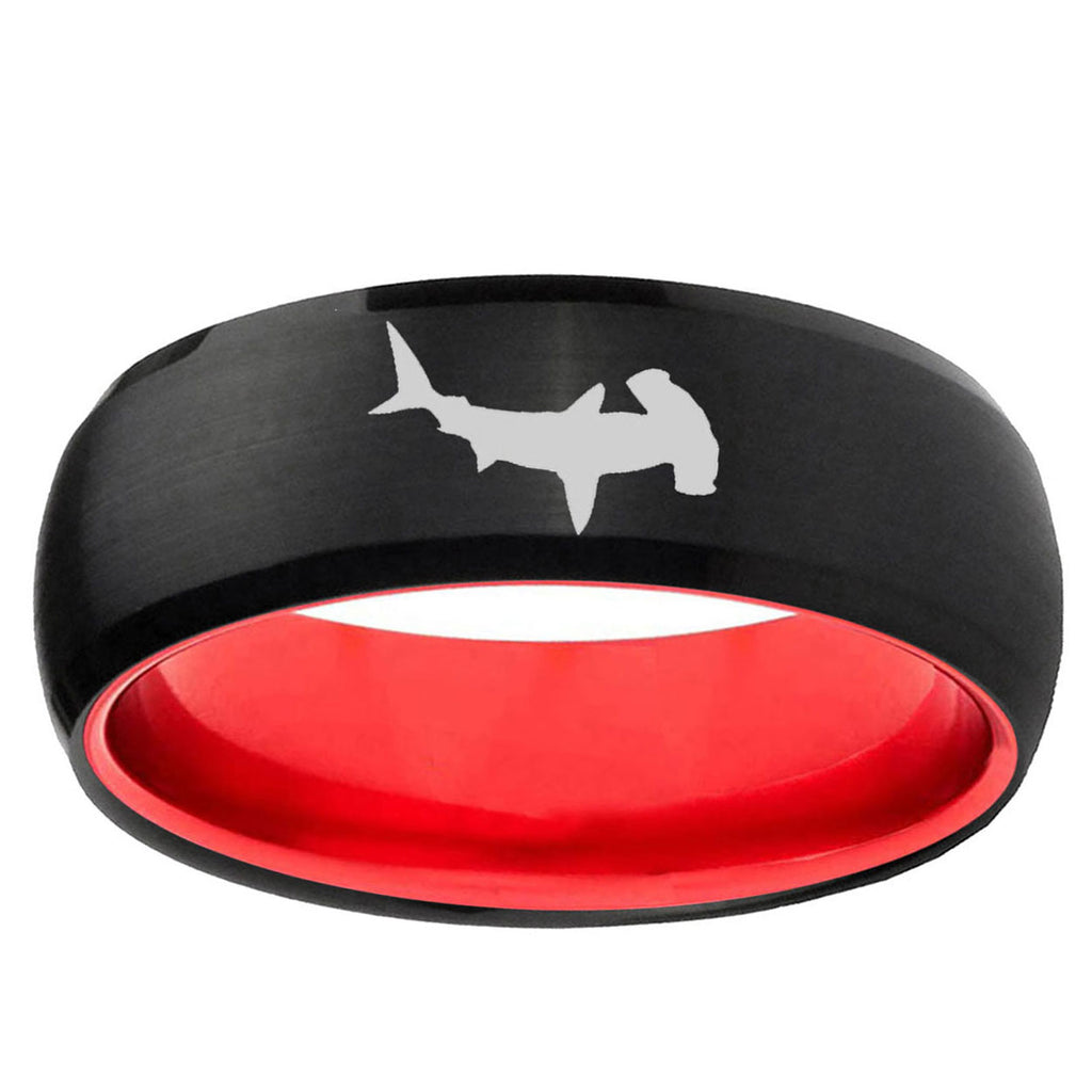 Hammerhead Shark Dome Black And Red Tungsten Ring