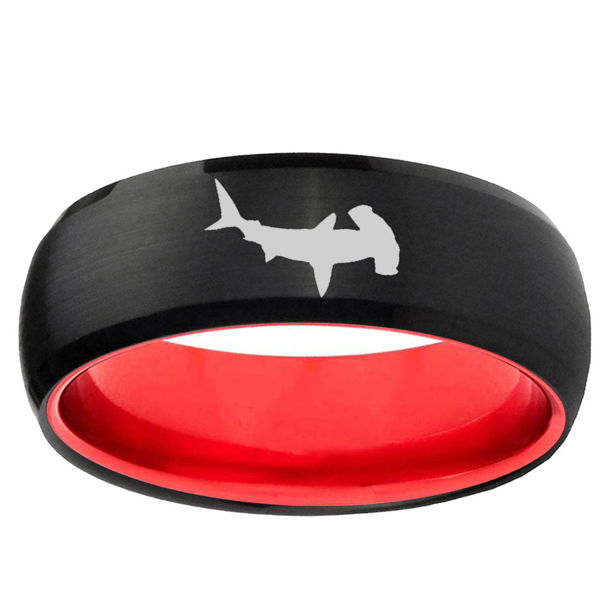 Hammerhead Shark Dome Black And Red Tungsten Ring