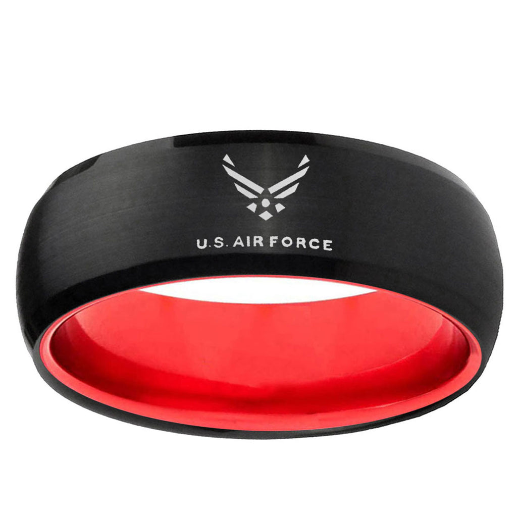 Dome Black And Red US Air Force Tungsten Engraved Ring