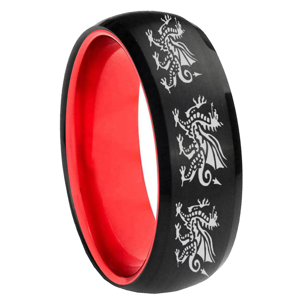 8mm Multiple Dragon Dome Black And Red Tungsten Mens Ring