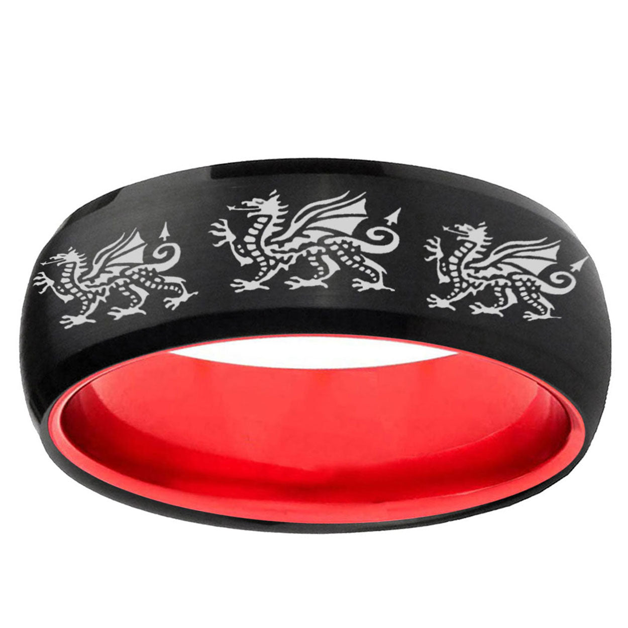 Multiple Dragon Dome Black And Red Tungsten Mens Ring