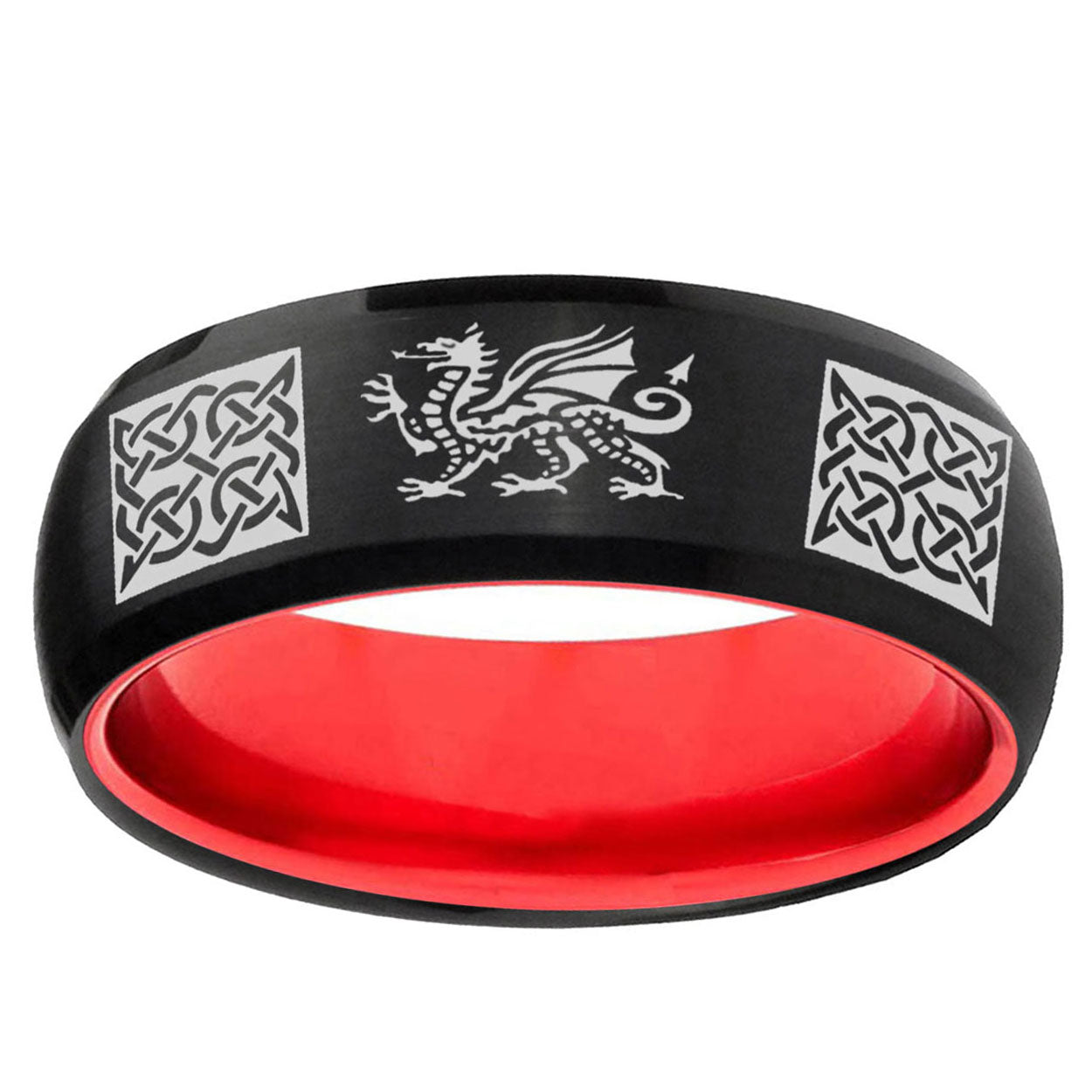 Multiple Dragon Celtic Dome Black Red Tungsten Custom Ring