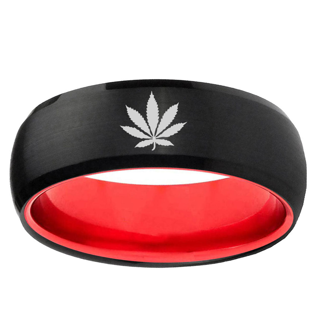 Marijuana Leaf Dome Black Red Tungsten Male Ring Wedding