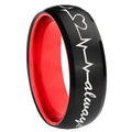 8mm Heart Beat forever Heart always Dome Black Red Tungsten Band