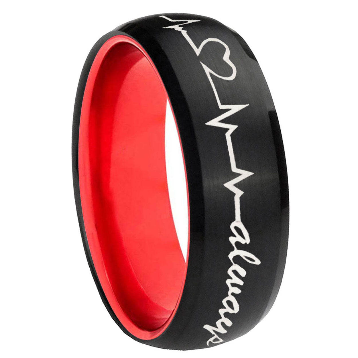 8mm Heart Beat forever Heart always Dome Black Red Tungsten Band