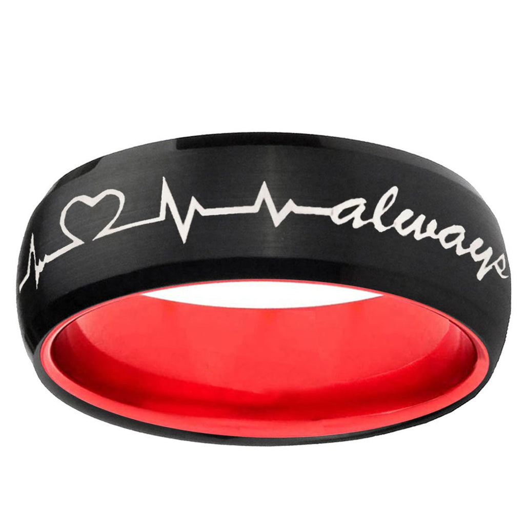 Heart Beat forever Heart always Dome Black Red Tungsten Band