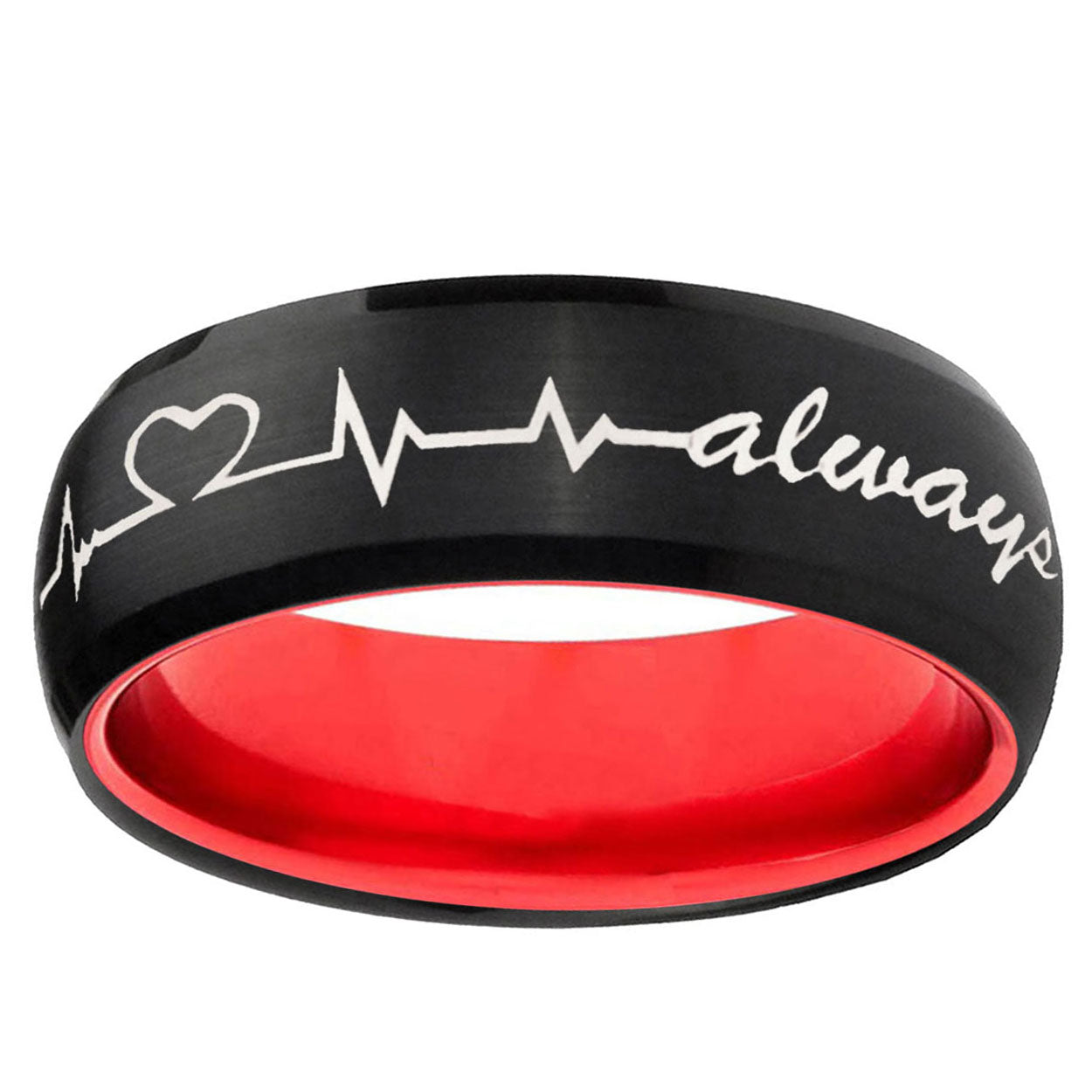 Heart Beat forever Heart always Dome Black Red Tungsten Band