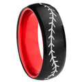 8mm Baseball Stitch Dome Black Red Tungsten Mens Promise Ring