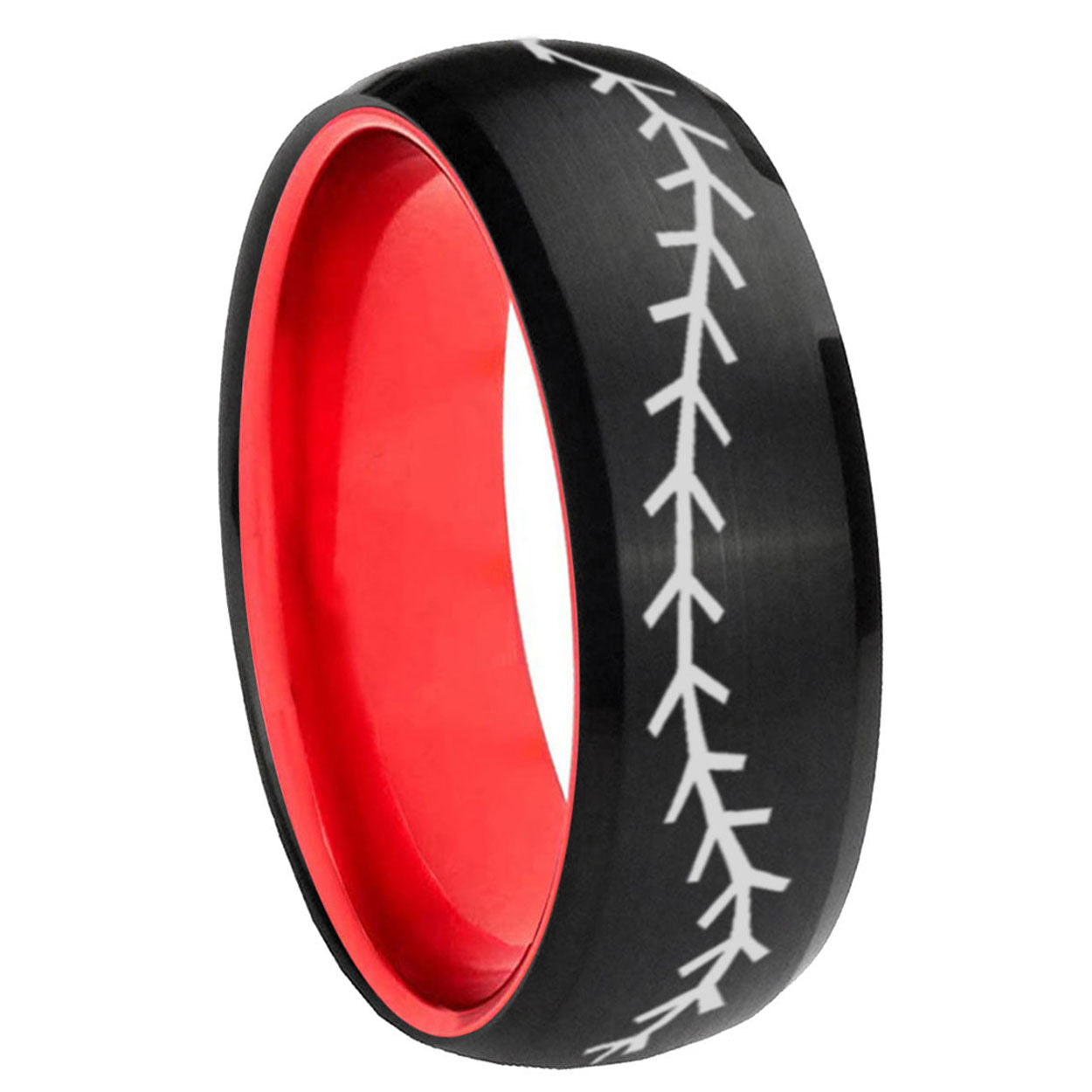 8mm Baseball Stitch Dome Black Red Tungsten Mens Promise Ring