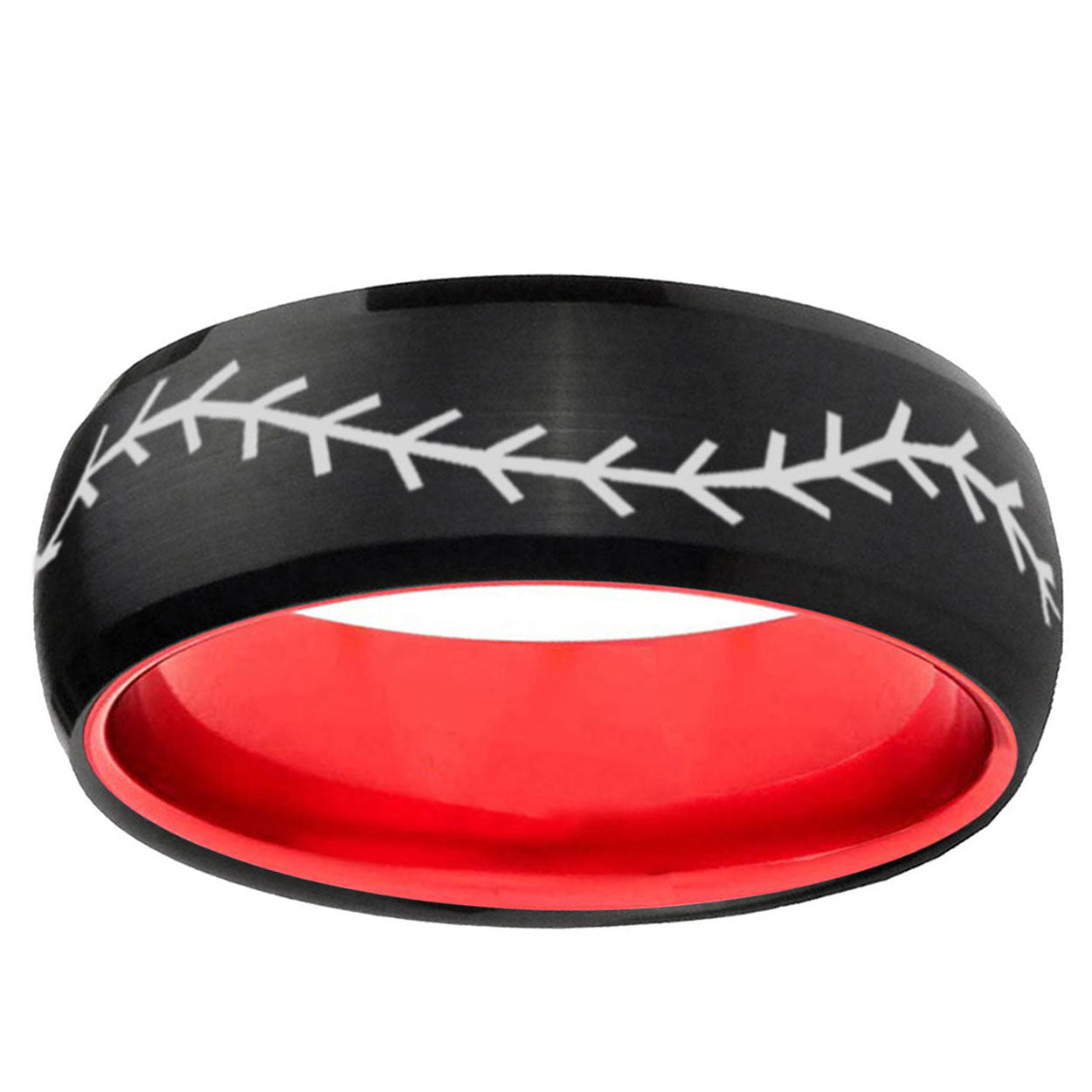 Baseball Stitch Dome Black Red Tungsten Mens Promise Ring