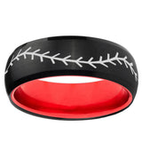 Baseball Stitch Dome Black And Red Tungsten Carbide Men's Promise Ring