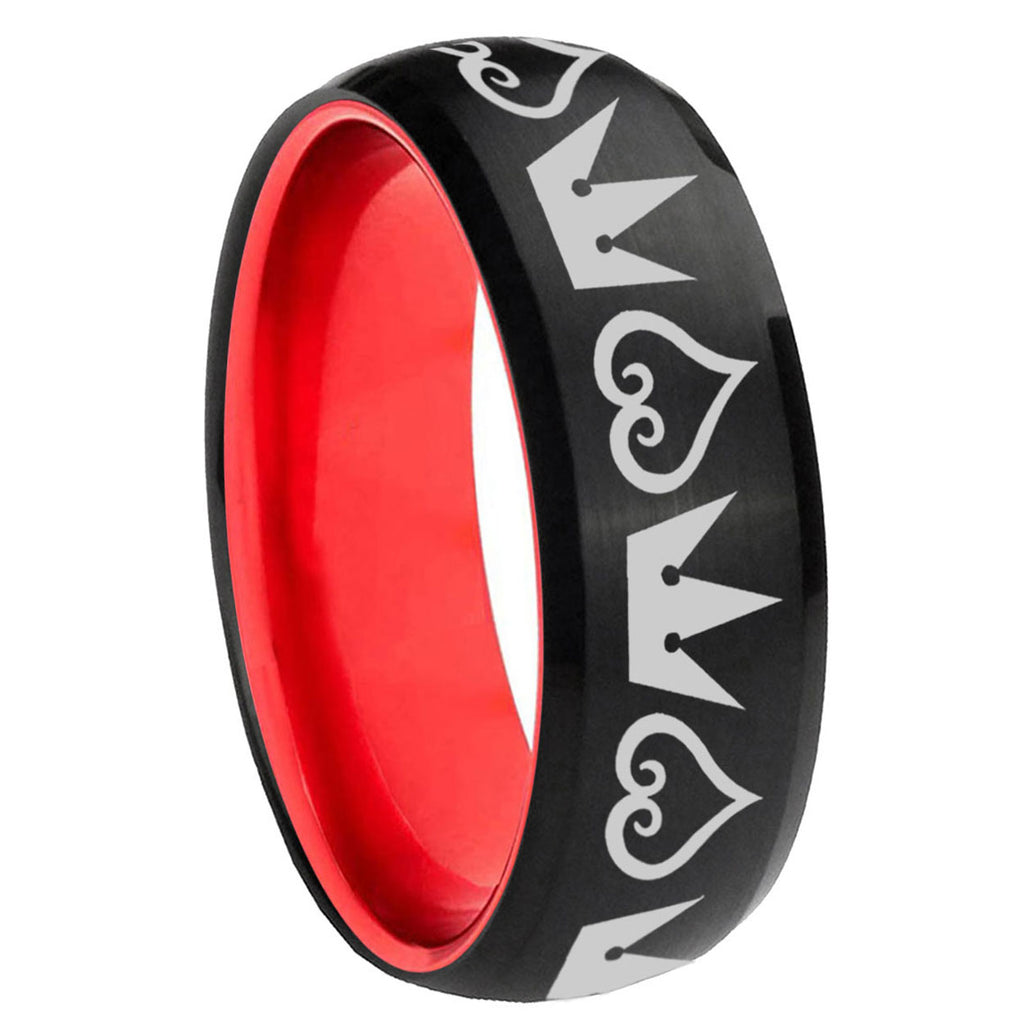 8mm Hearts Crowns Dome Black Red Tungsten Mens Promise Ring