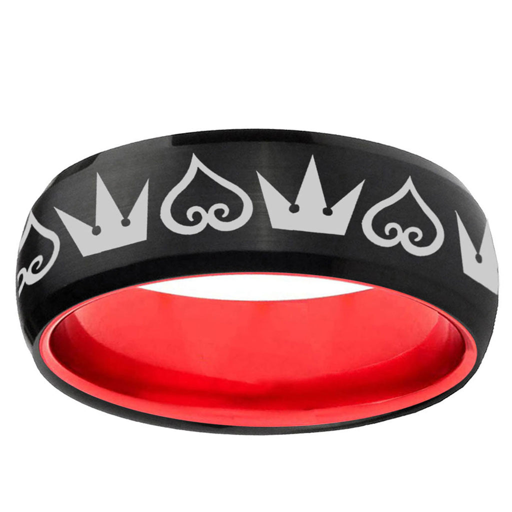 Hearts Crowns Dome Black Red Tungsten Mens Promise Ring