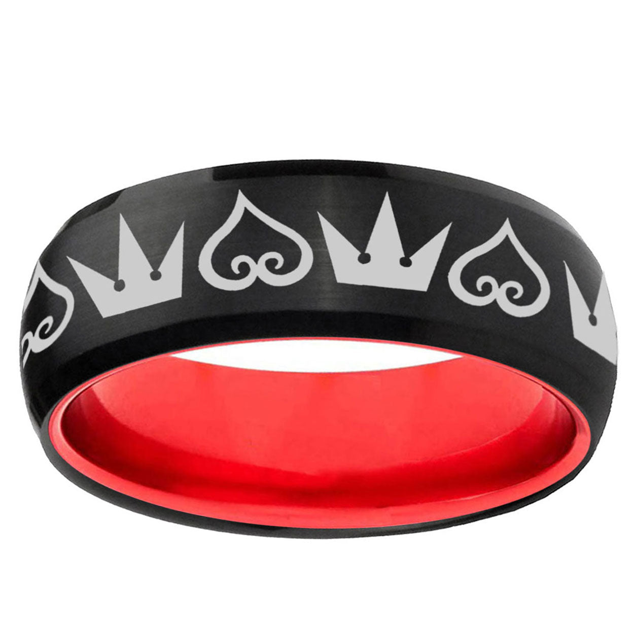 Hearts Crowns Dome Black Red Tungsten Mens Promise Ring