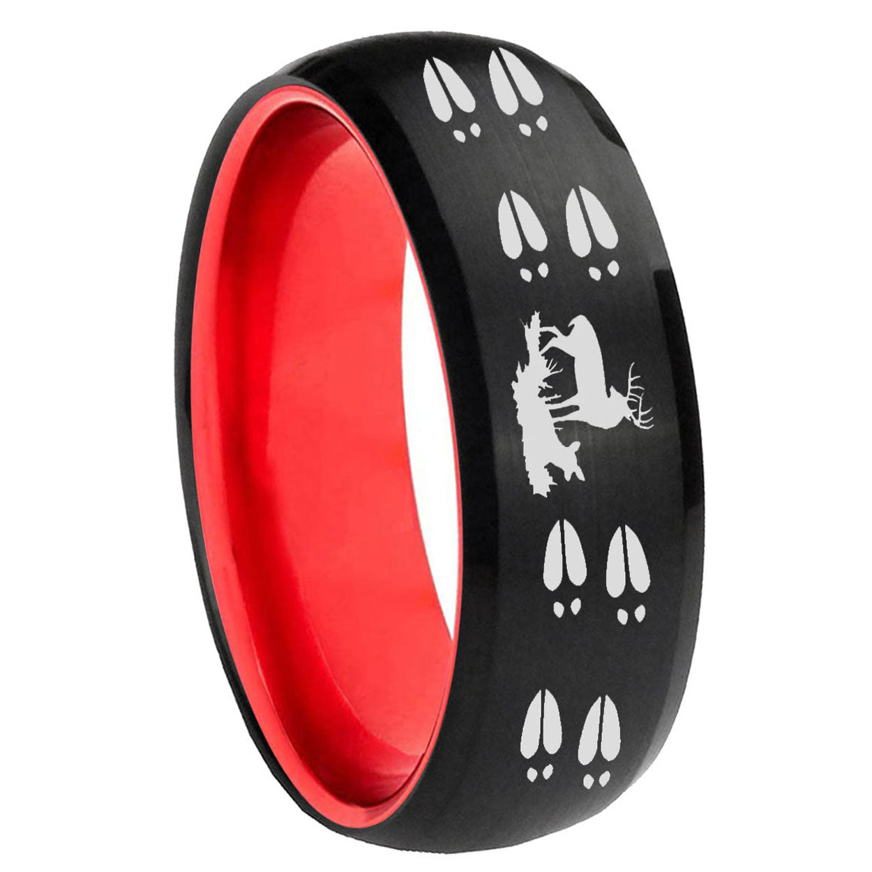 8mm Deer Hunting Tracks Dome Black And Red Tungsten Mens Ring