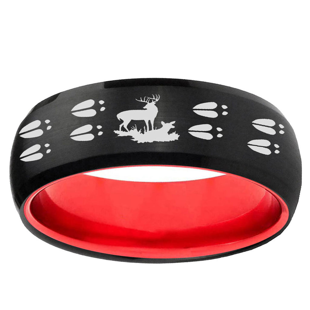 Deer Hunting Tracks Dome Black And Red Tungsten Mens Ring