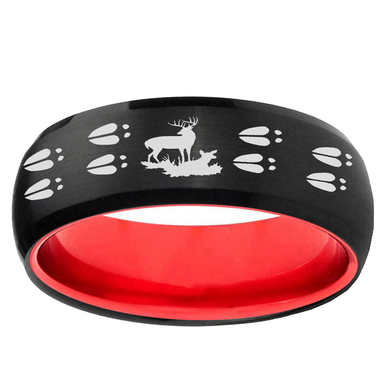 Deer Hunting Tracks Dome Black And Red Tungsten Mens Ring