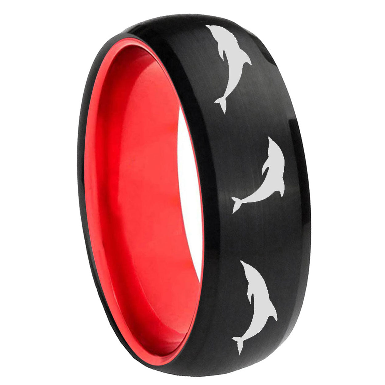 8mm Dolphins Dome Black And Red Tungsten Personalized Ring