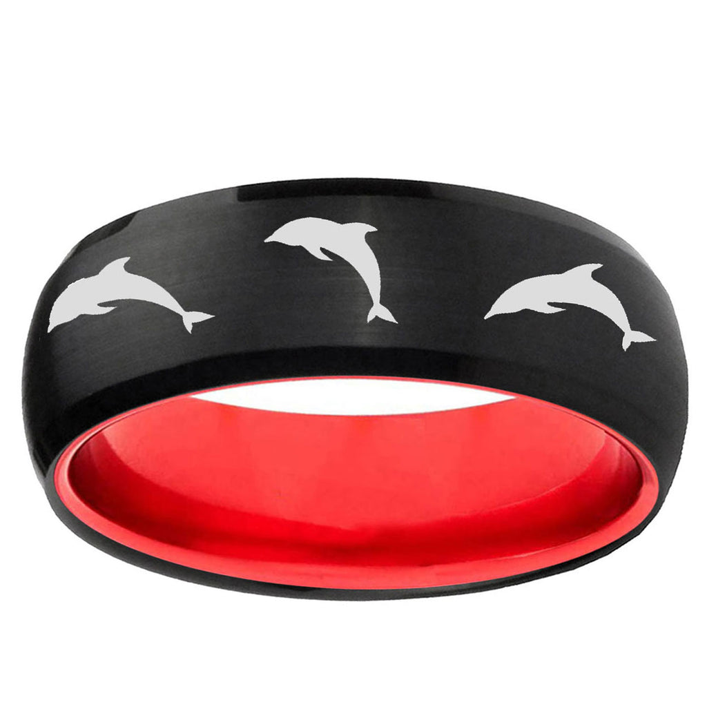 Dolphins Dome Black And Red Tungsten Personalized Ring