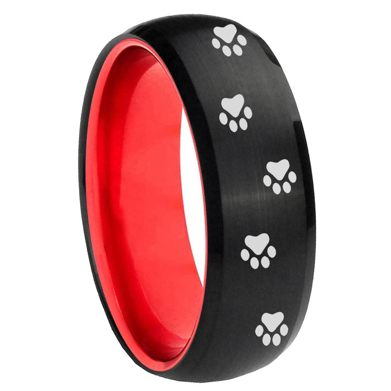8mm Paw Print Dome Black And Red Tungsten Carbide Promise Ring