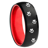 8mm Paw Print Dome Black And Red Tungsten Carbide Promise Ring