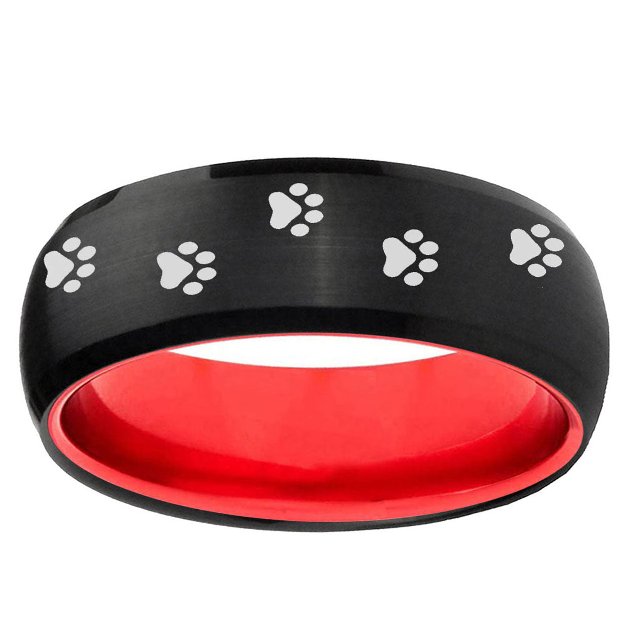 Paw Print Dome Black And Red Tungsten Carbide Promise Ring