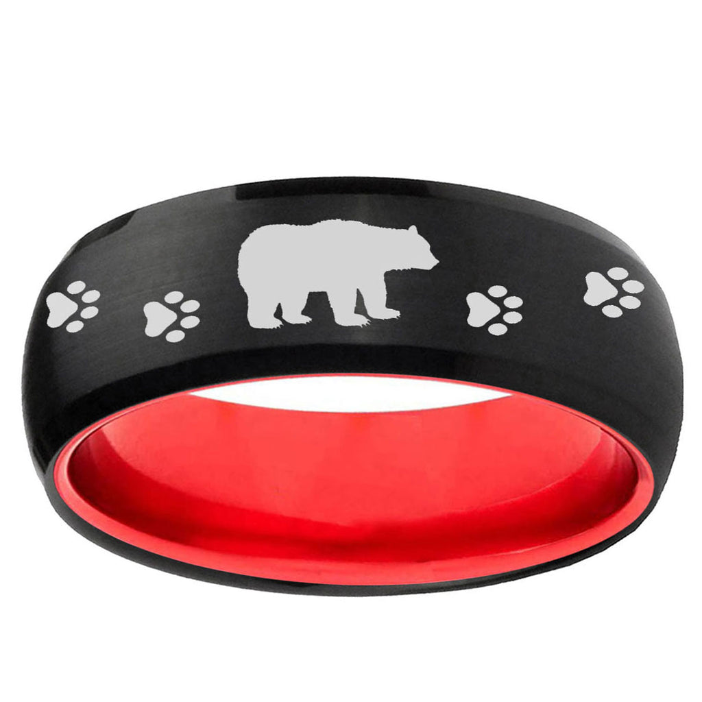Bear and Paw Dome Black And Red Tungsten Ring for Men