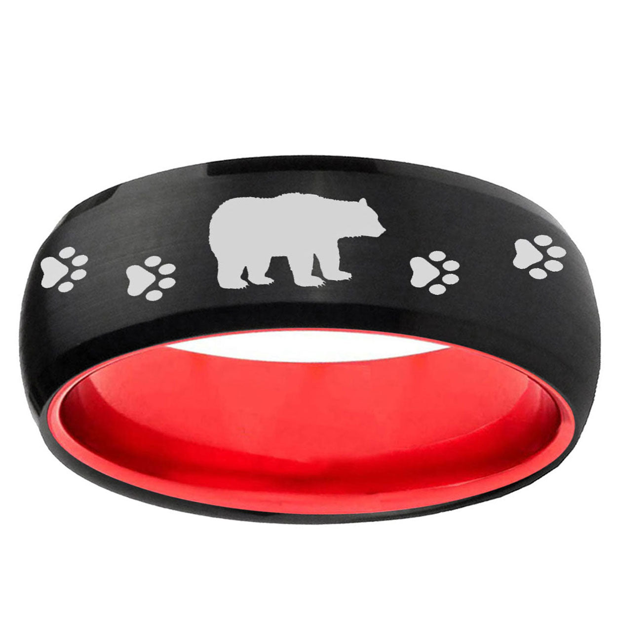Bear and Paw Dome Black And Red Tungsten Ring for Men