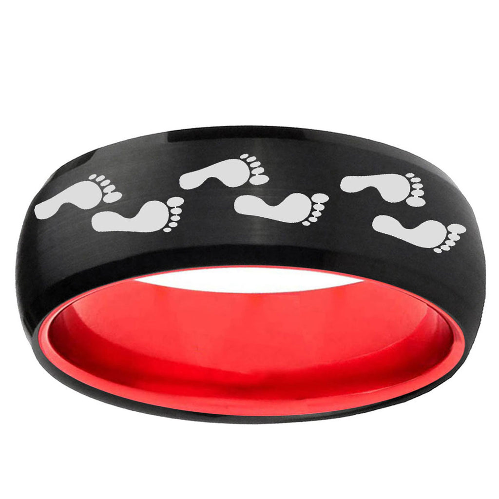 Foot Print Dome Black And Red Tungsten Wedding Band Men's
