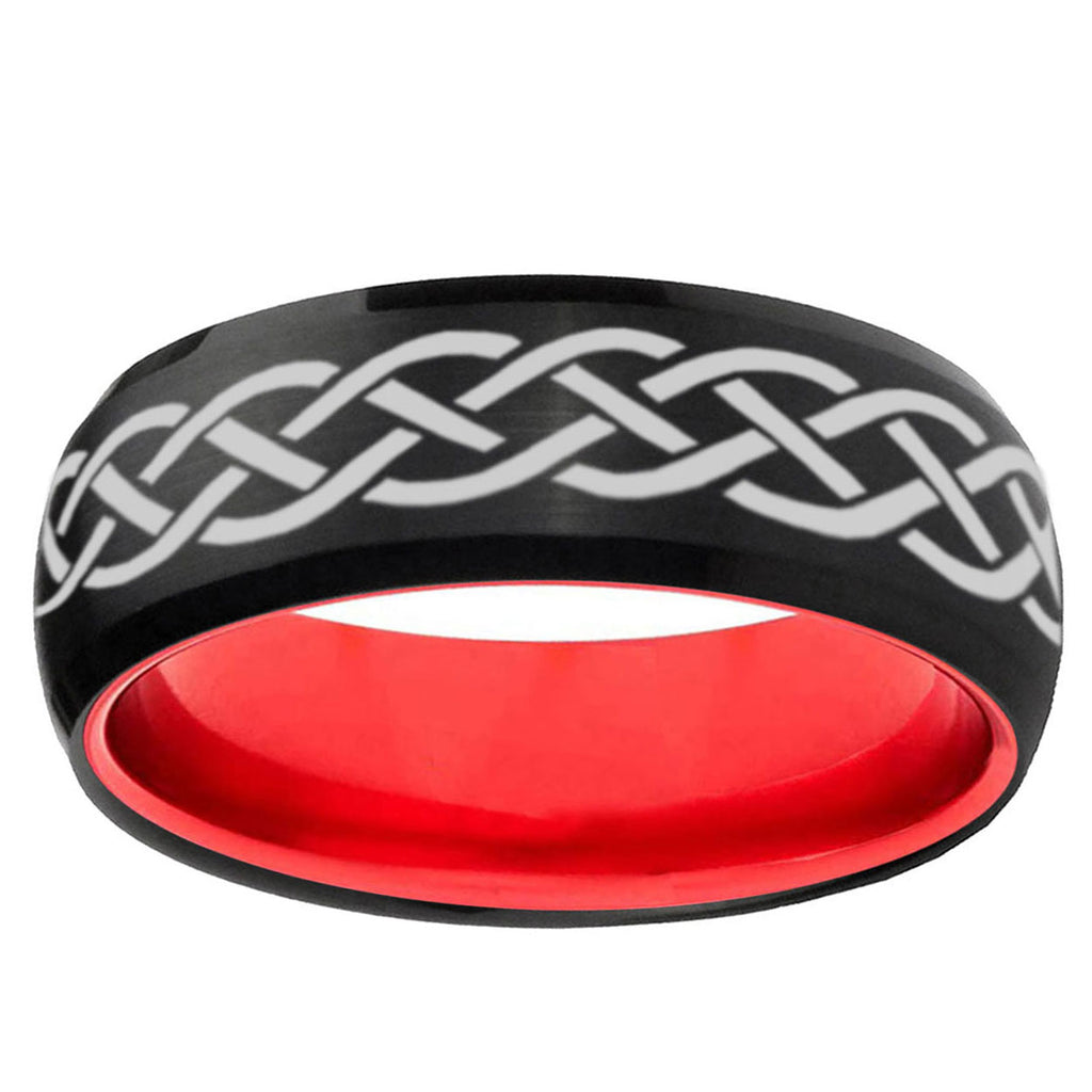 Celtic Knot Dome Black And Red Tungsten Men's Wedding Ring