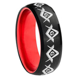 8mm Masonic Square and Compass Dome Black And Red Tungsten Band