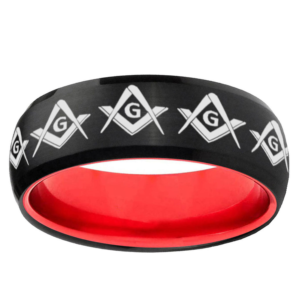 Masonic Square and Compass Dome Black And Red Tungsten Band