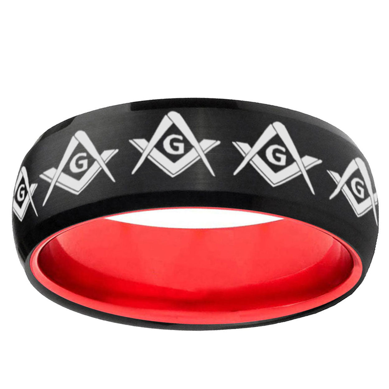 Masonic Square and Compass Dome Black And Red Tungsten Band