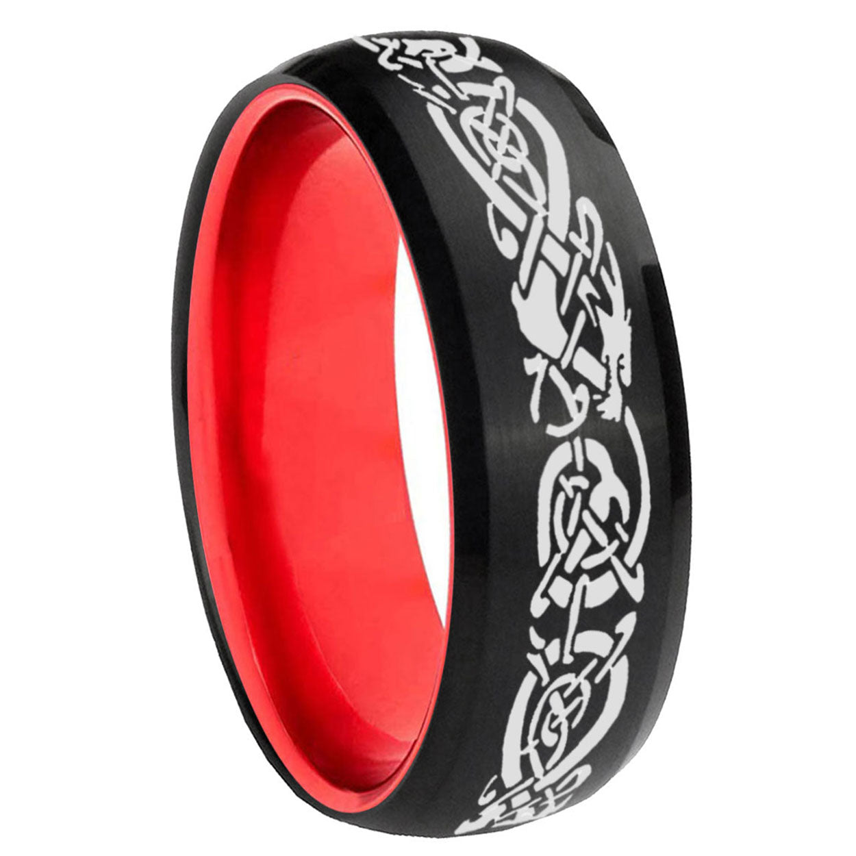 8mm Celtic Dragon Dome Black And Red Tungsten Mens Wedding Ring