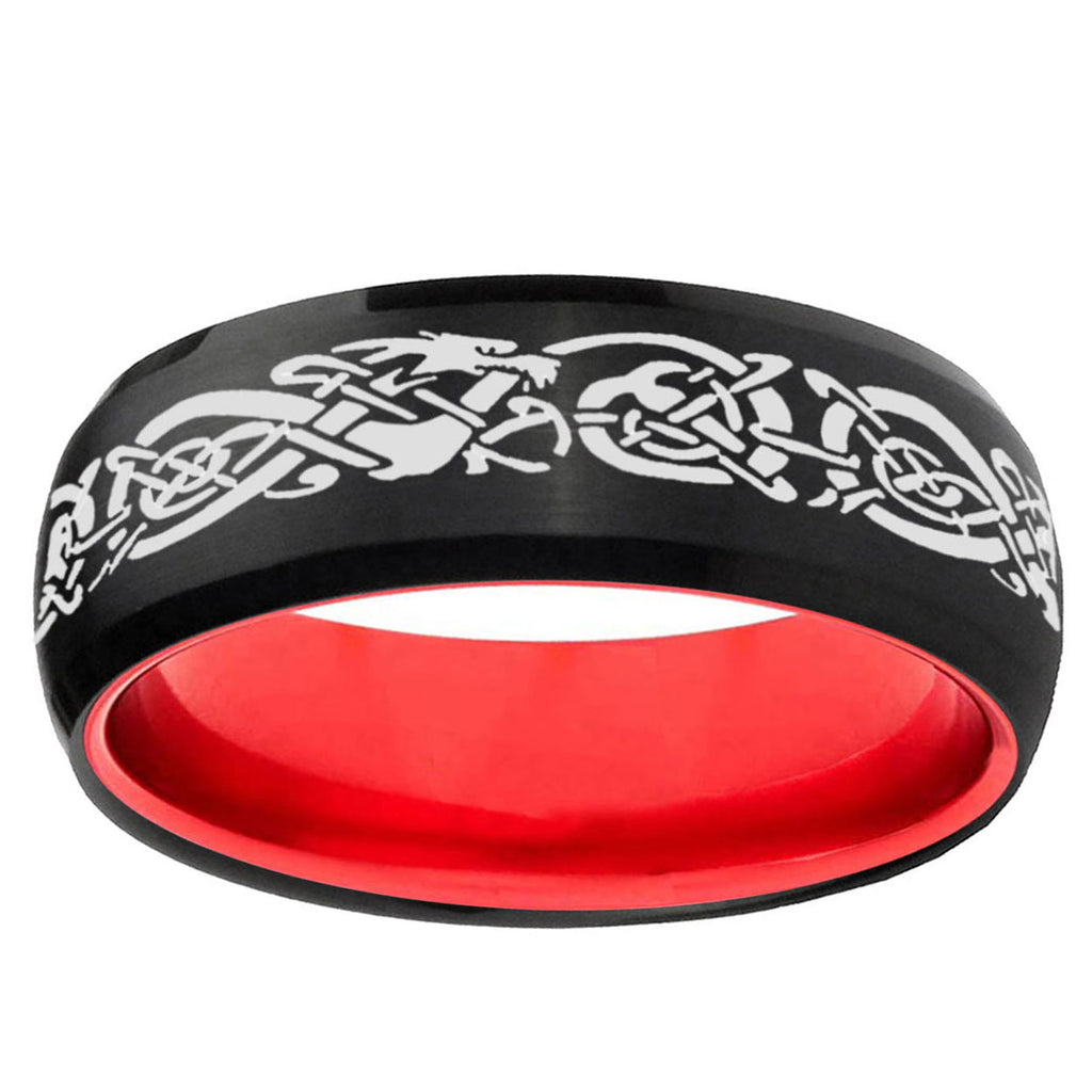 Celtic Dragon Dome Black And Red Tungsten Mens Wedding Ring