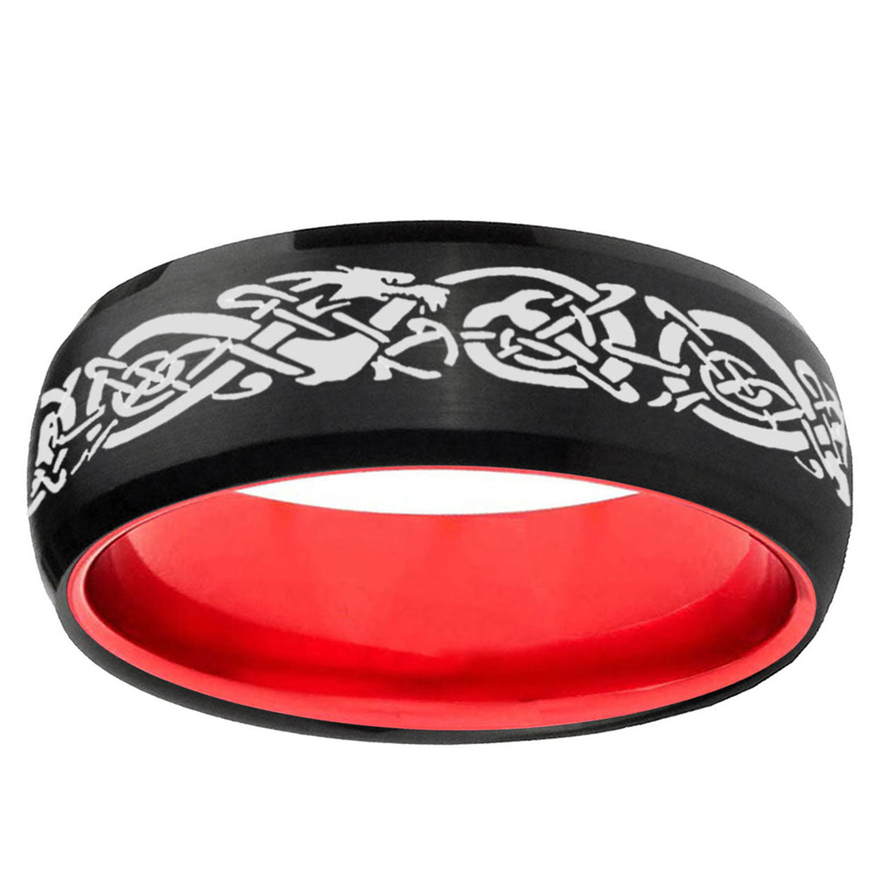 Celtic Dragon Dome Black And Red Tungsten Mens Wedding Ring