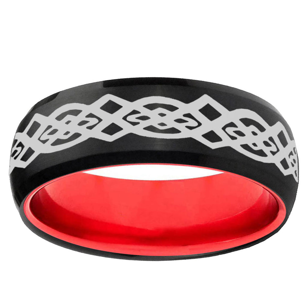 Celtic Knot Dome Black And Red Tungsten Wedding Band Men's