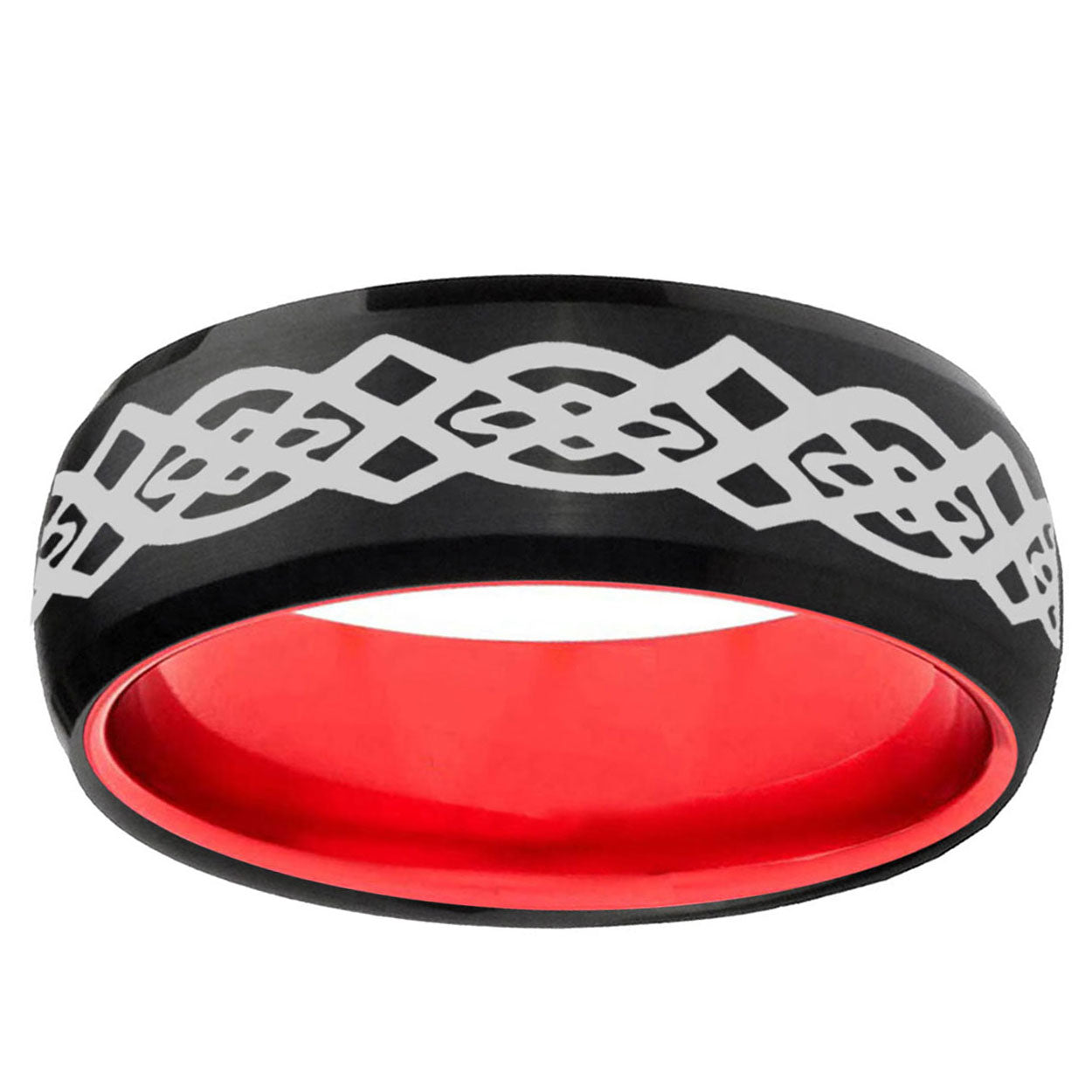 Celtic Knot Dome Black And Red Tungsten Wedding Band Men's