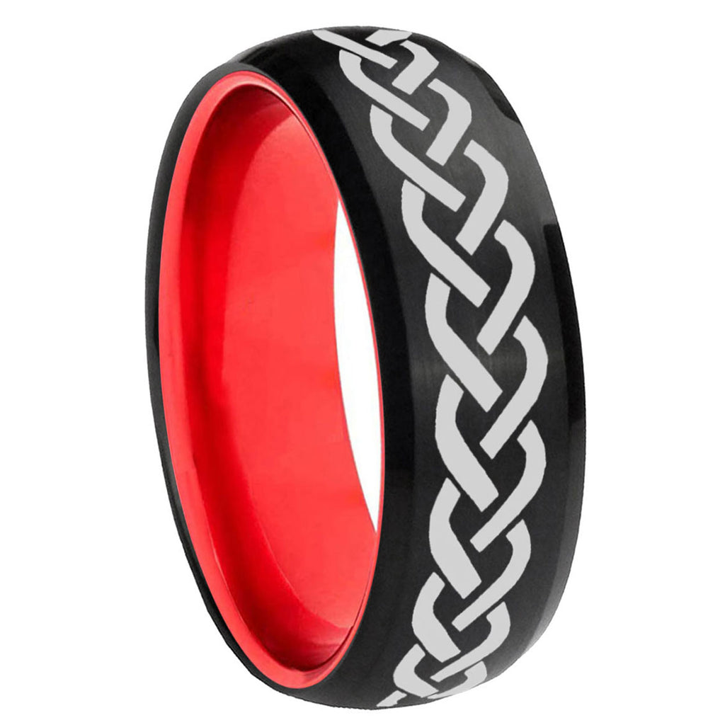 8mm Laser Celtic Knot Dome Black And Red Tungsten Engraved Band