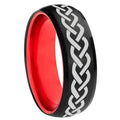 8mm Laser Celtic Knot Dome Black And Red Tungsten Engraved Band