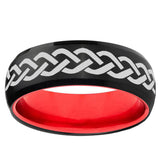 Laser Celtic Knot Dome Black And Red Tungsten Engraved Band