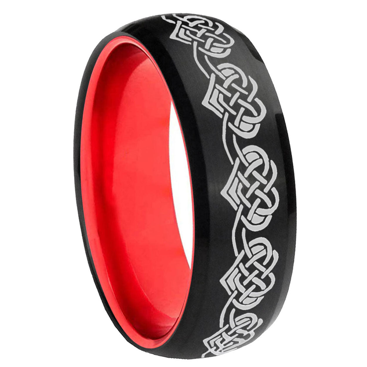 8mm Celtic Knot Heart Dome Black And Red Tungsten Mens Ring