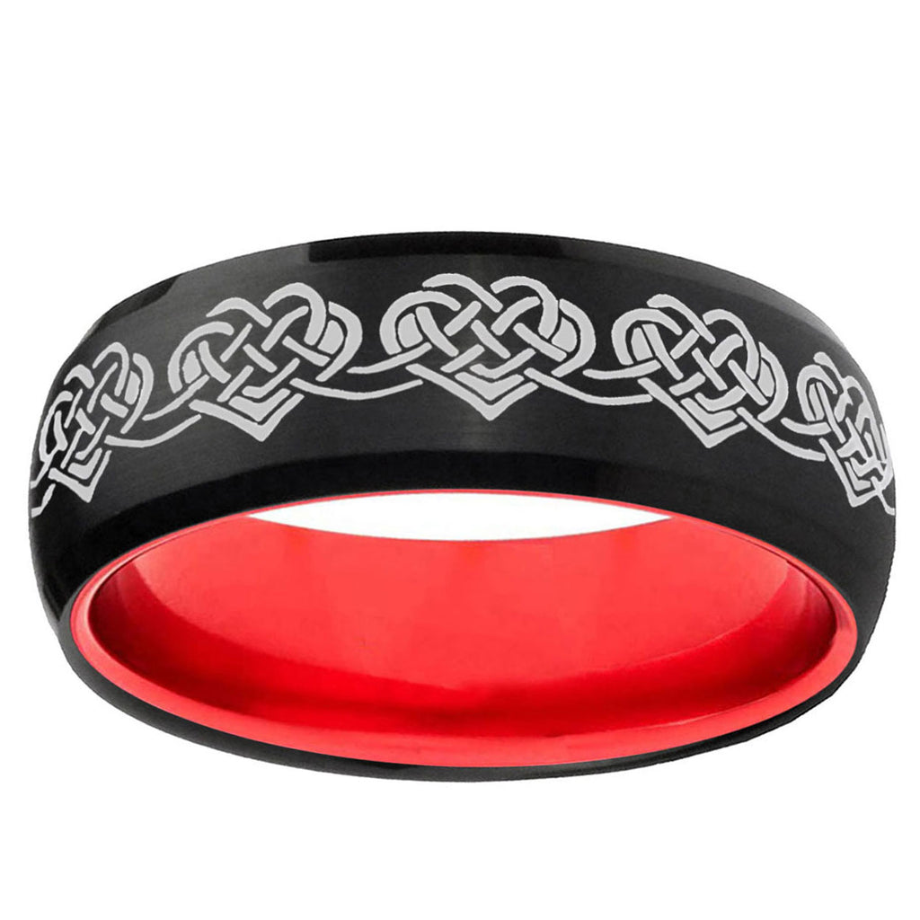 Celtic Knot Heart Dome Black And Red Tungsten Mens Ring