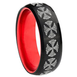 8mm Medieval Cross Dome Black And Red Tungsten Men's Band