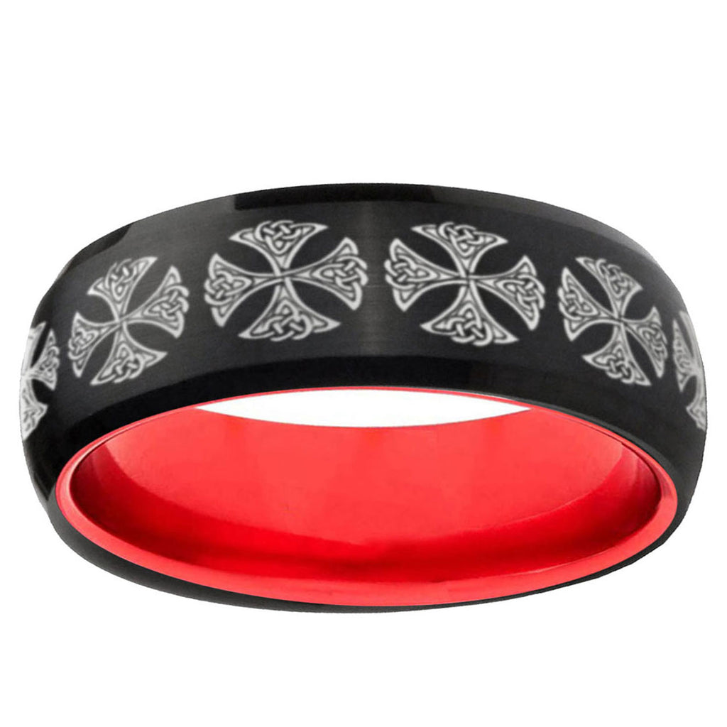 Medieval Cross Dome Black And Red Tungsten Men's Band